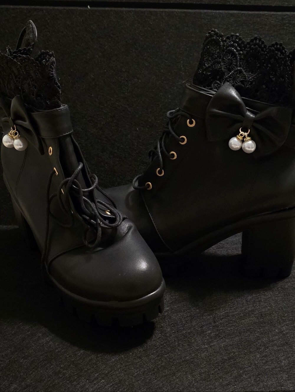 Black Lace-Trim Platform Ankle Boots with Bow & Pearl Charm